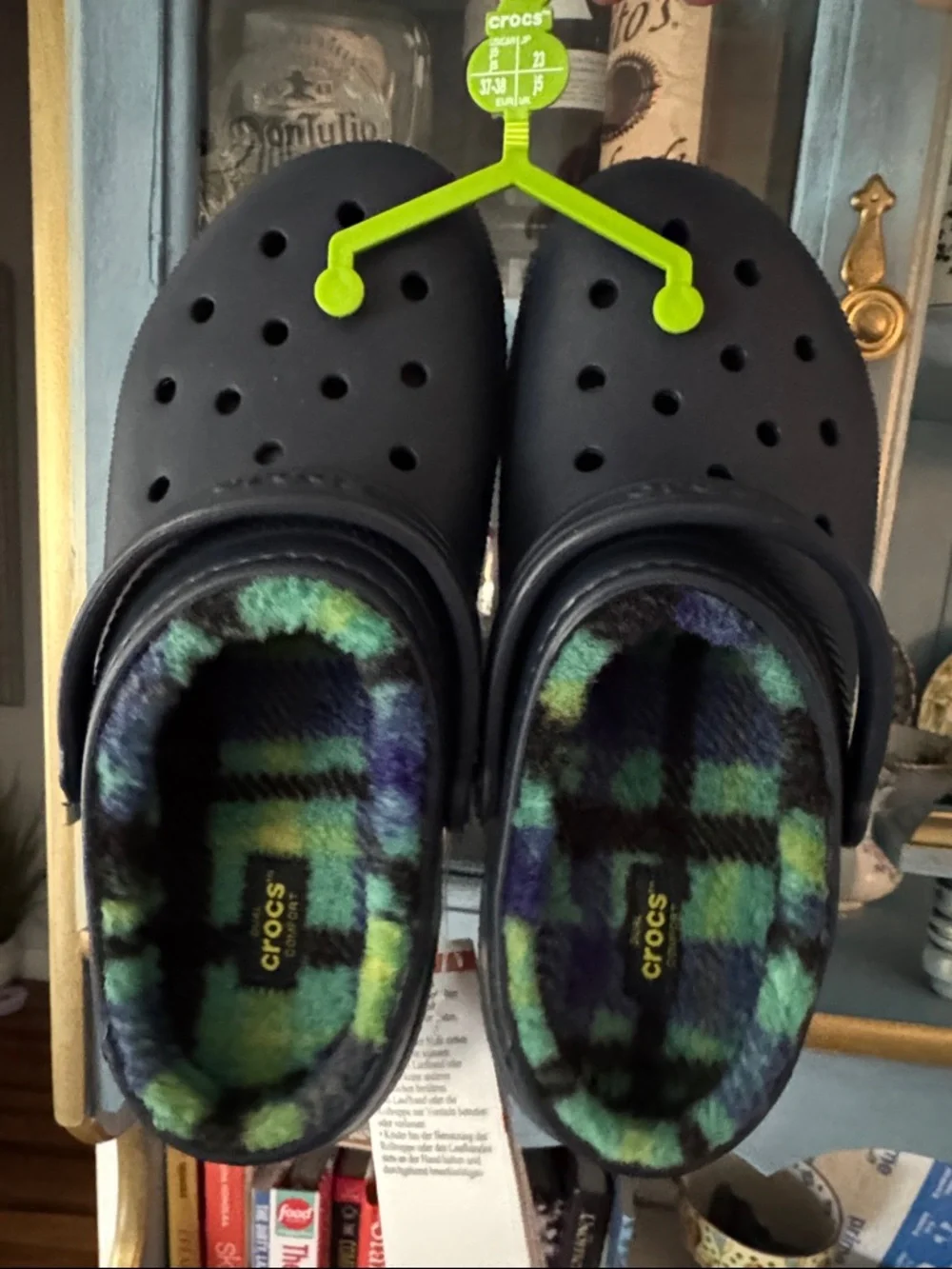 CROCS Kids Black Clog with Green & Blue Plaid Fleece Lining